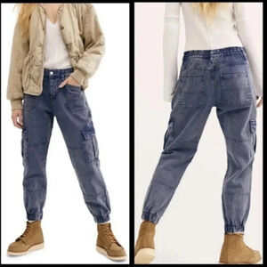 We The Free Blue Cotton Vintage Y2K Mid Rise Cinched Cargo Jeans A35
